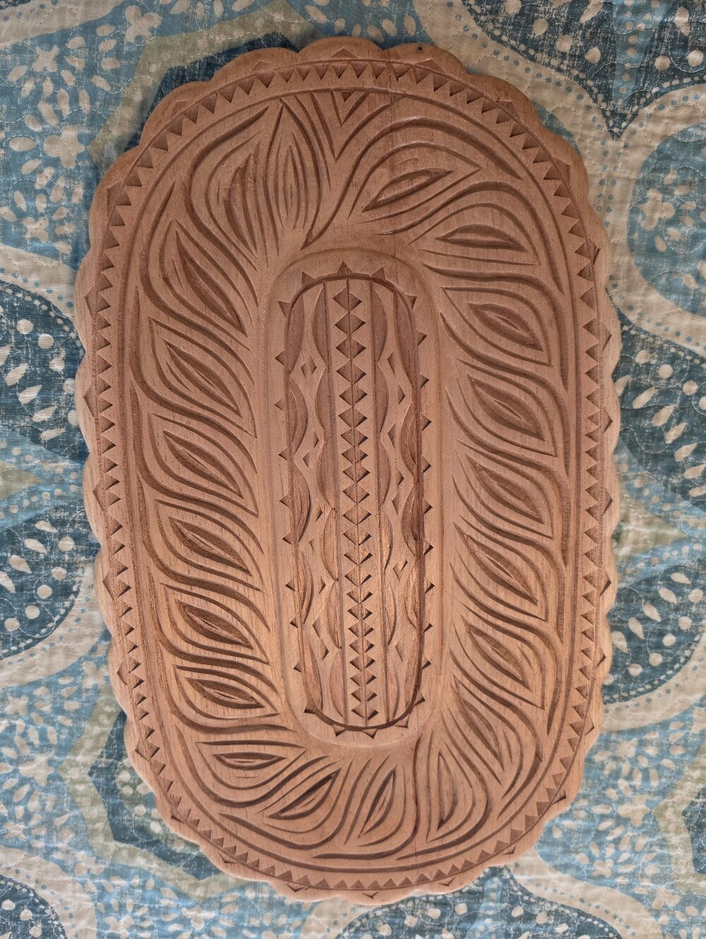 VTG Hand Carved Wooden Tray Oval Scalloped Decorative Catchall Boho 15"